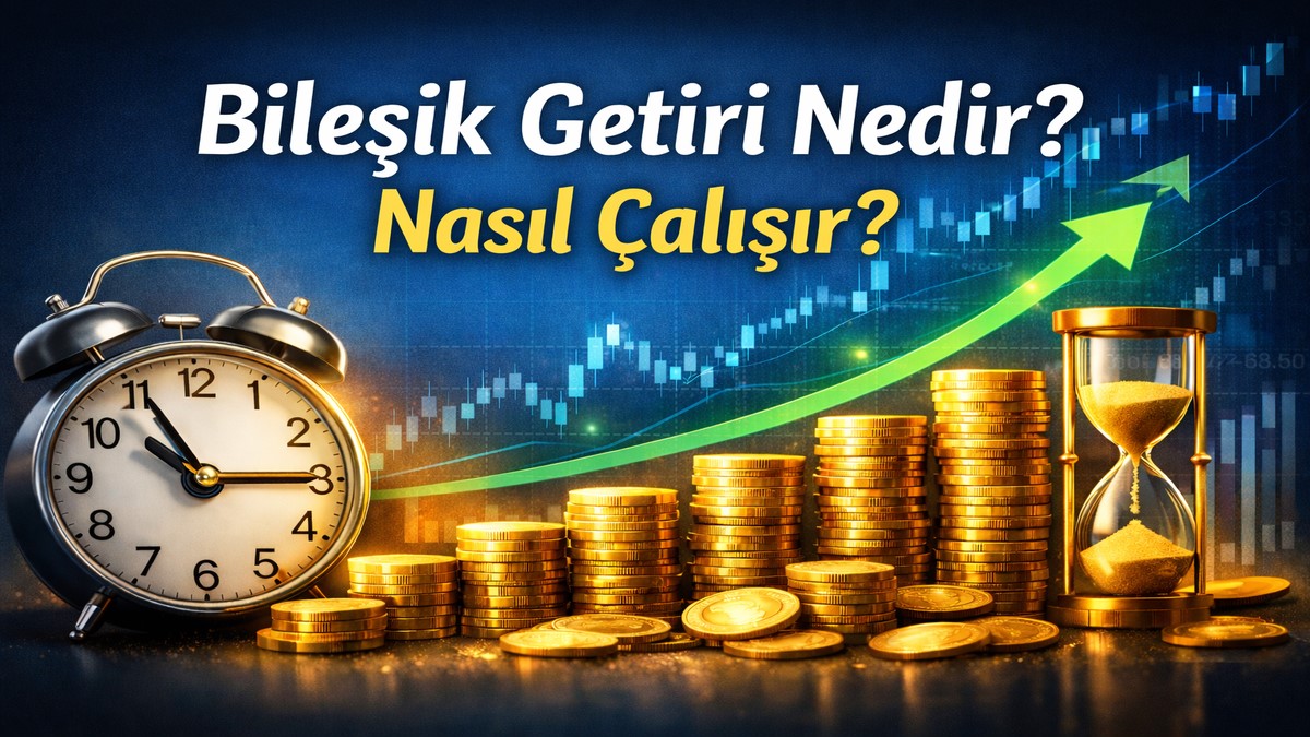 Bileşik getiri kavramını anlatan görsel: zaman, artan altın paralar ve yükselen grafik ile uzun vadeli yatırımın gücü