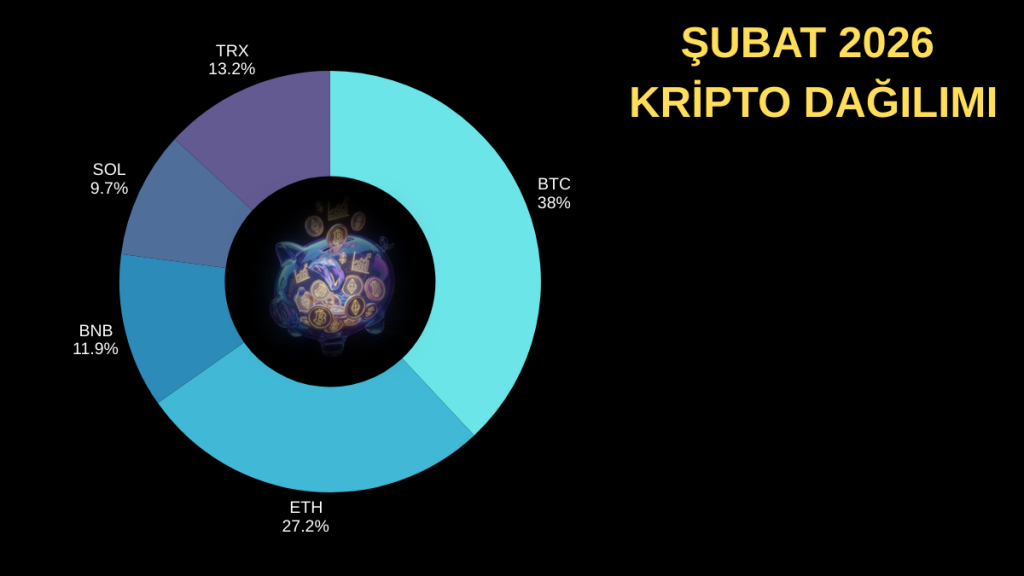 Şubat 2026 itibariyle portföyümde yer alan kripto varlıkların yüzdesel ağırlıklarını göstermektedir.
