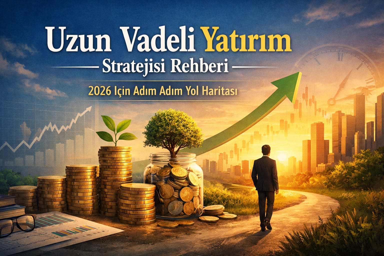 Uzun vadeli yatırım stratejisini simgeleyen bileşik getiri, büyüyen portföy ve yükselen grafik illüstrasyonu