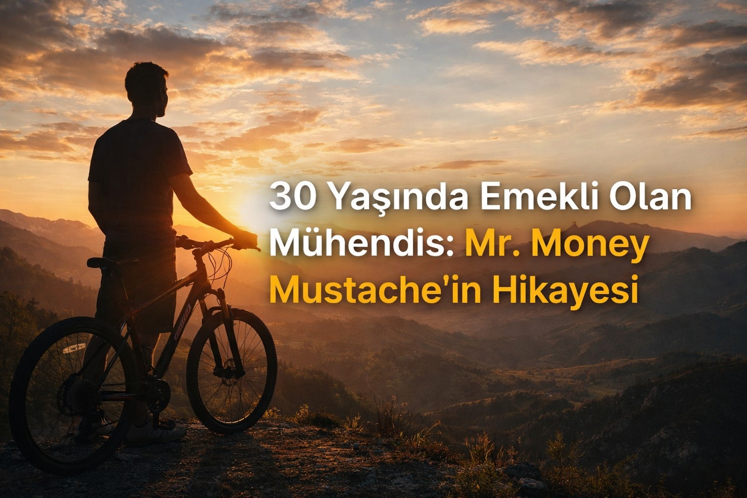 Mr. Money Mustache hikayesini temsil eden bisikletli bir adam ve dağ manzarası, erken emeklilik ve finansal özgürlük konsepti